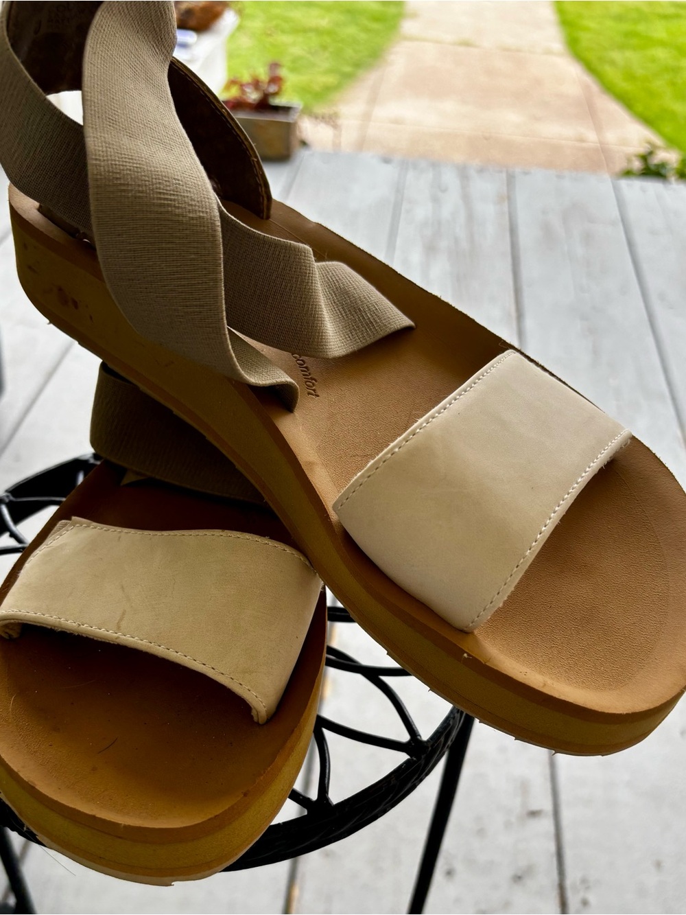 Cobian Women’s Cream and Tan Platform Sandals with Elastic Ankle Wraps